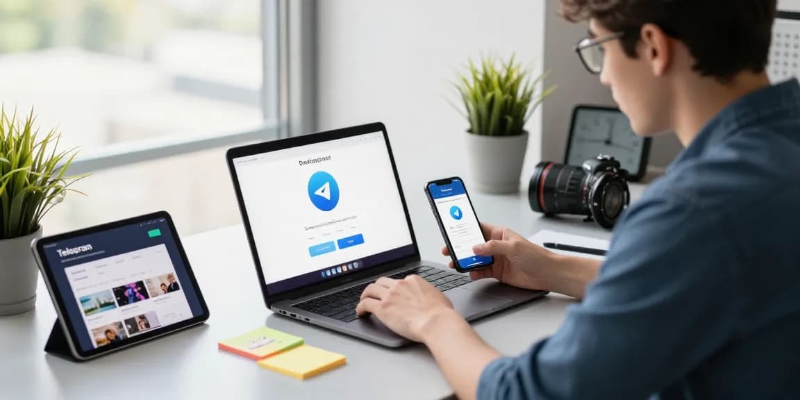 Download Telegram app in a modern workspace, showcasing technology use and productivity.