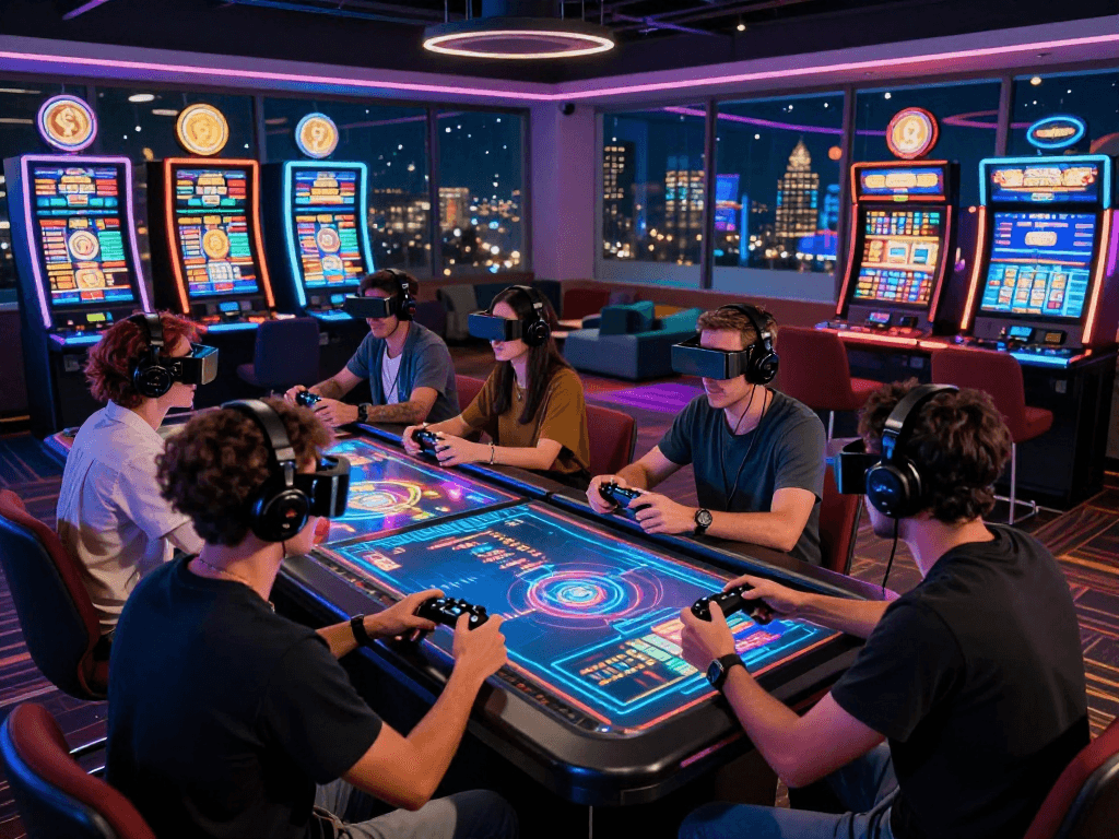 Exciting crypto casino scene showcasing players enjoying virtual reality gaming amidst vibrant neon lights and digital interfaces