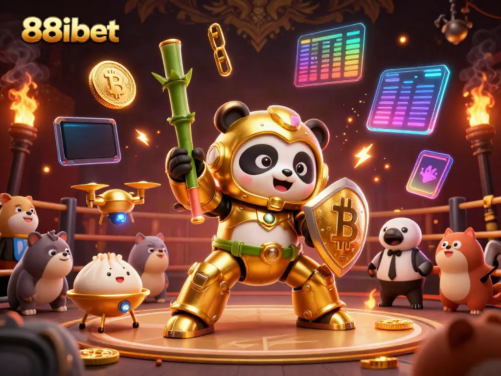 Engage with 88ibet's animated gaming scene featuring a mech-suit panda and cockfighting action.