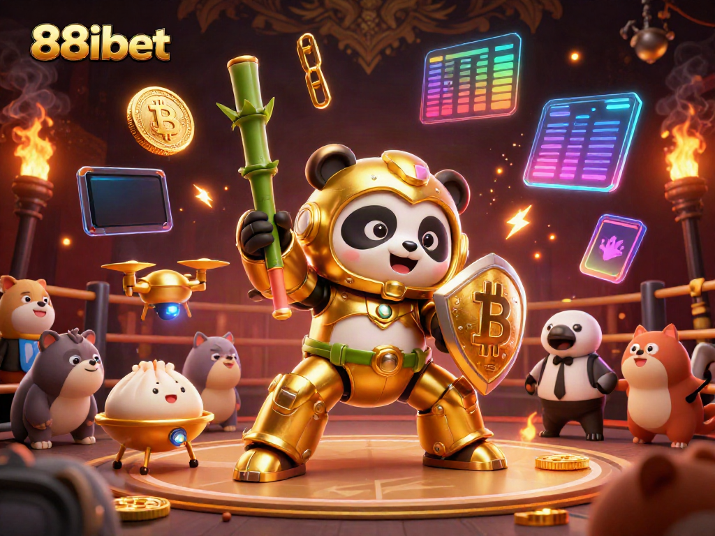 Engage with 88ibet's animated gaming scene featuring a mech-suit panda and cockfighting action.