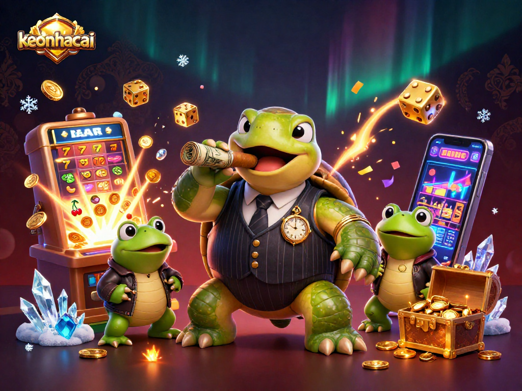 Experience the thrill of keonhacai with a vibrant scene of a turtle in a mobster suit alongside frog enforcers amidst a jackpot explosion.