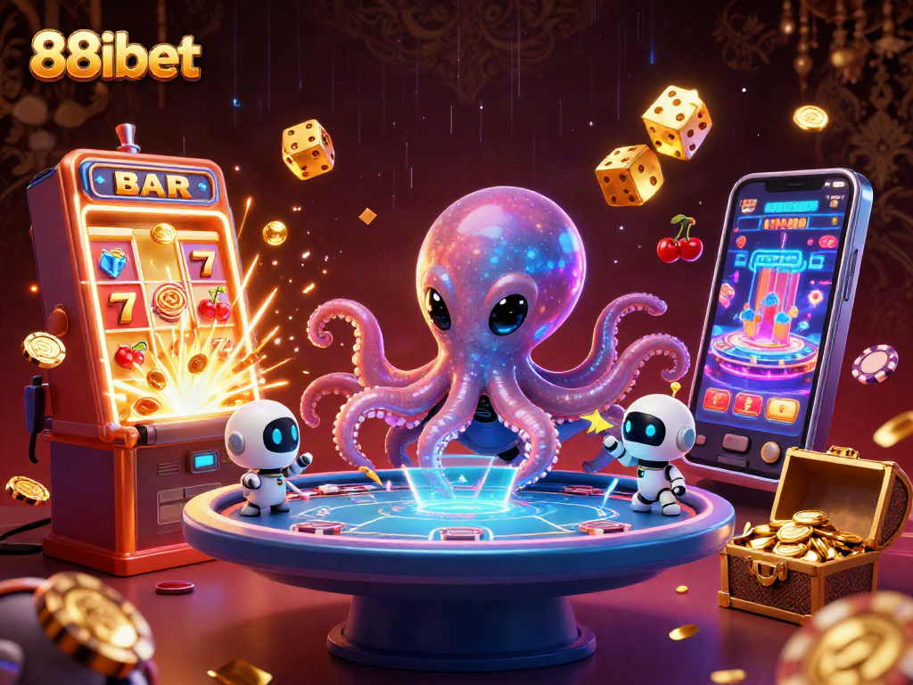 Join the excitement with 88ibet as a cartoon octopus encounters a vibrant casino scene of games and jackpots.