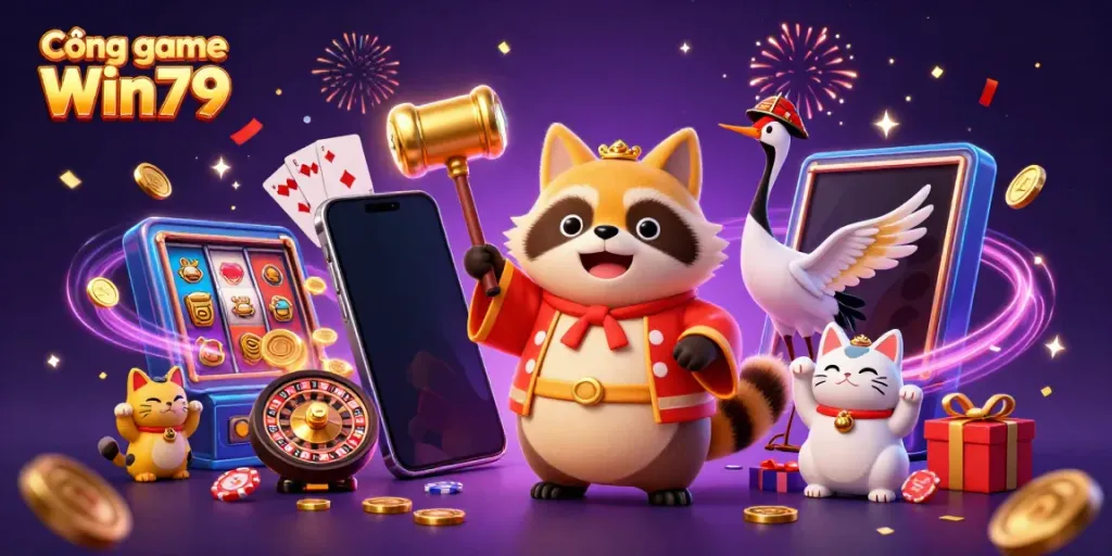 Experience the vibrancy of Cổng game Win79 with a cheerful tanuki and lucky symbols in a festive casino scene.