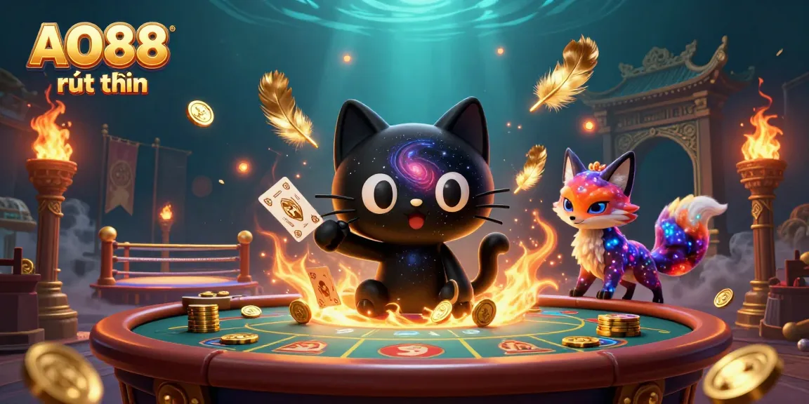 Experience AO88 rút tiền with a cosmic cat and nebula fox amidst a casino scene full of action and vibrant effects.