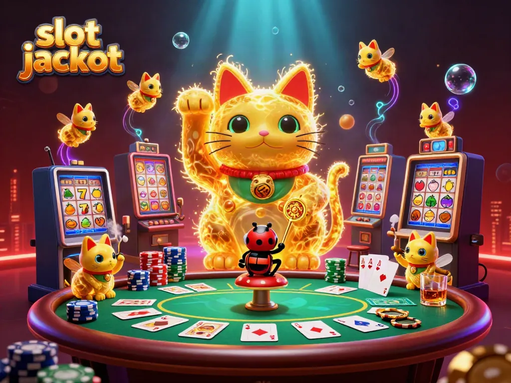 Engage with the vibrant slot jackpot scene showcasing a lucky cat formed by fireflies, gambling elements, and dynamic visuals.