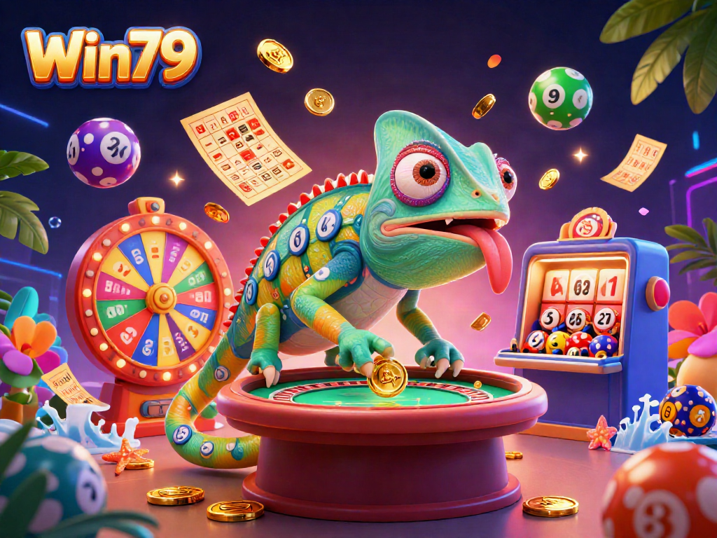Win79 offers a captivating casino experience with colorful lottery balls and golden tickets.