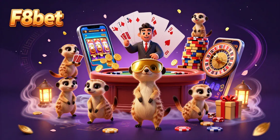 F8bet meerkats managing a busy casino operation filled with gaming action and excitement