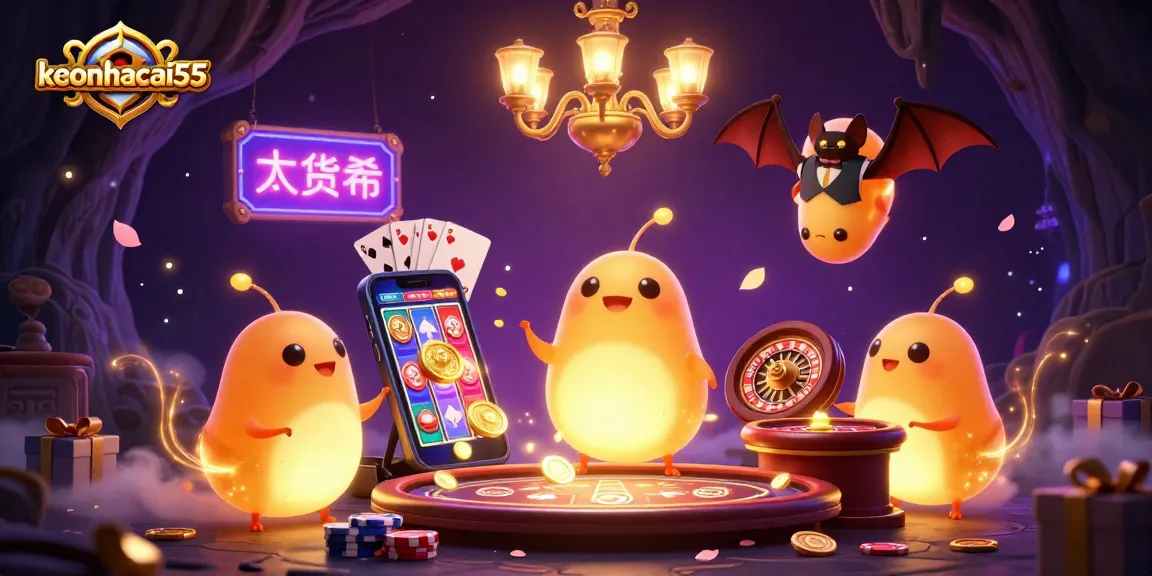 Play at keonhacai55 for an immersive casino experience featuring glowworms and a bat dealer in a magical setting.