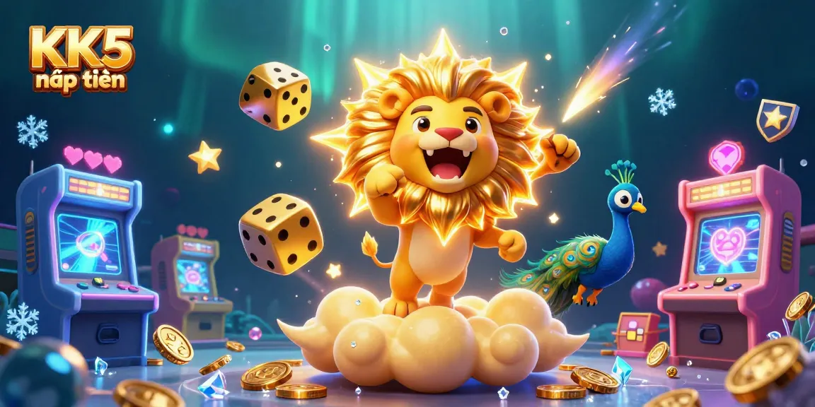 Experience KK5 nạp tiền in vibrant 3D gambling scene with golden dice, arcade elements, and playful characters.