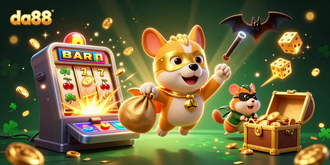 Experience the excitement of da88 with a superhero dog and gold coins in this vibrant casino scene.