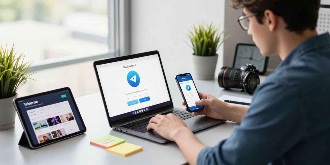 Download Telegram app in a modern workspace, showcasing technology use and productivity.