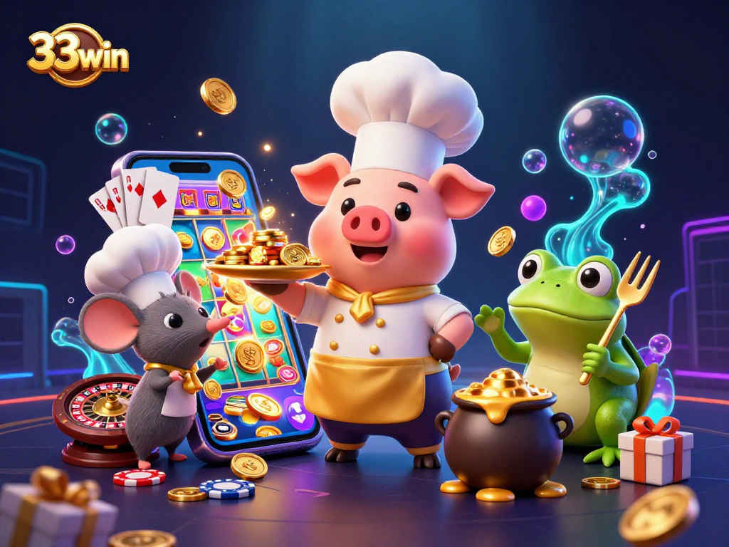 Engage with 33win's vibrant 3D casino characters, showcasing excitement in gambling and slot games.
