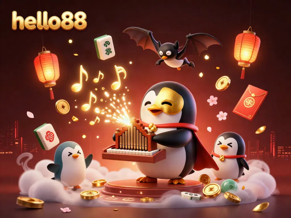 Experience the thrilling world of gaming with hello88, featuring a penguin organist amid golden musical notes and festive decor.