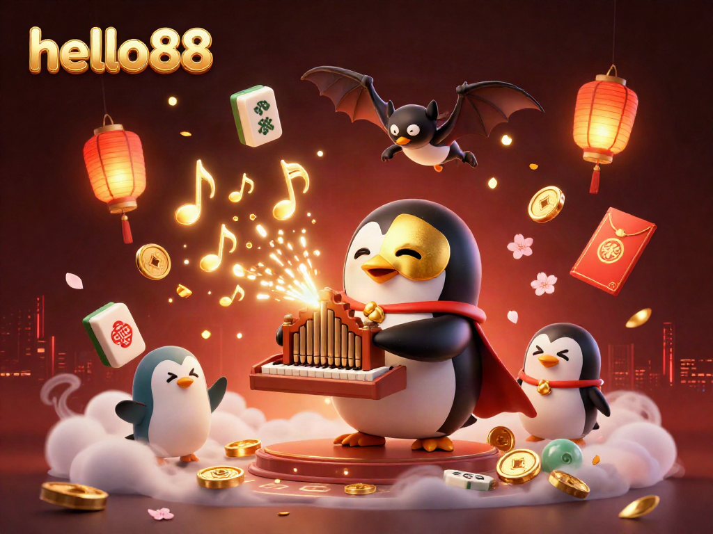 Experience the thrilling world of gaming with hello88, featuring a penguin organist amid golden musical notes and festive decor.