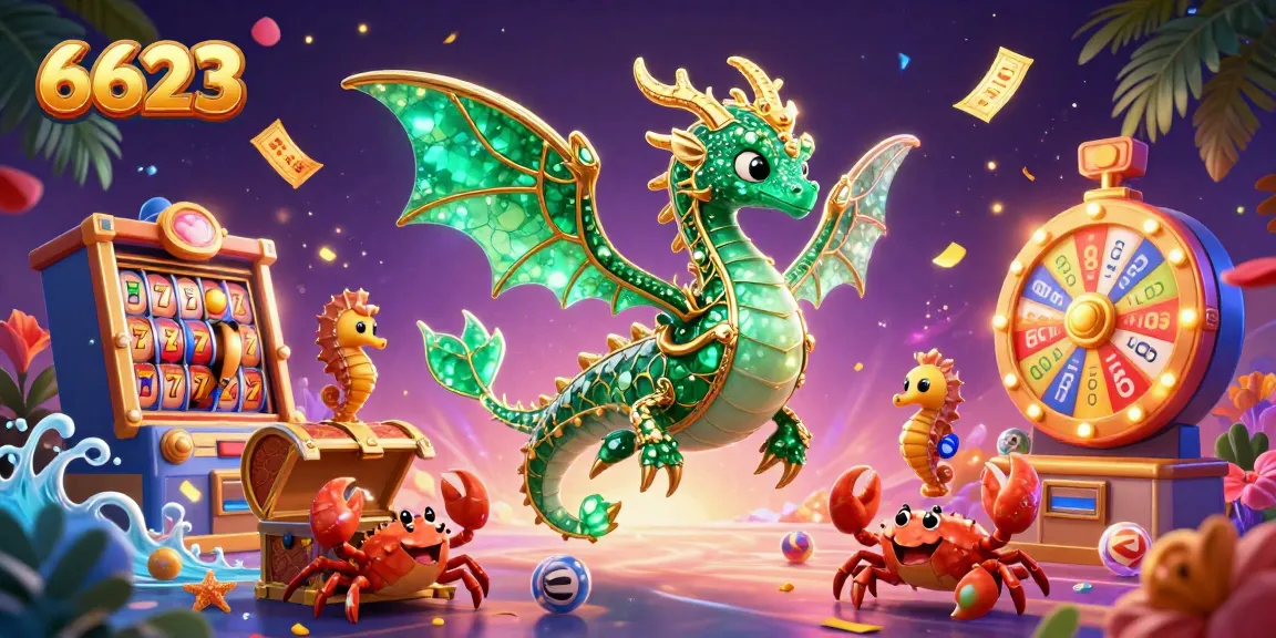 Engage with 6623's vibrant casino atmosphere featuring dazzling slot machines and colorful prize elements.