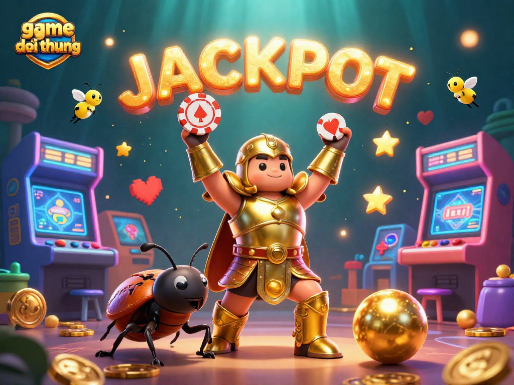 Engage in the excitement of game bai doi thuong with dynamic 3D characters celebrating a jackpot victory.
