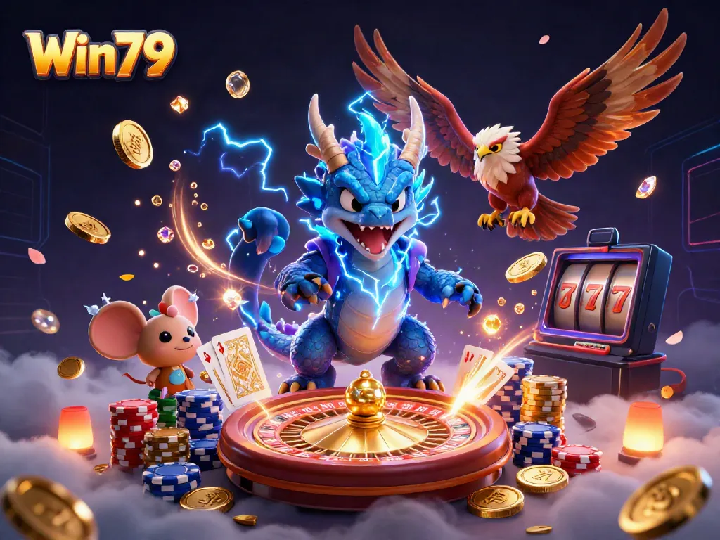 Win79 platform featuring a thunder dragon, vibrant gaming elements, and dynamic casino atmosphere.