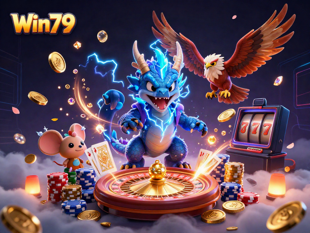 Win79 platform featuring a thunder dragon, vibrant gaming elements, and dynamic casino atmosphere.