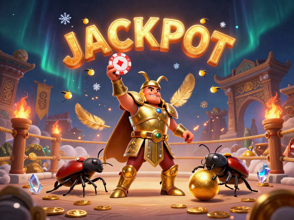 Engage with 88vbet's thrilling gaming world, highlighted by a victorious beetle character in golden armor.