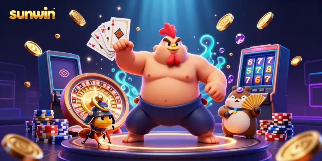 Play and win big with sunwin in this vibrant 3D digital illustration featuring casino excitement and colorful game elements.