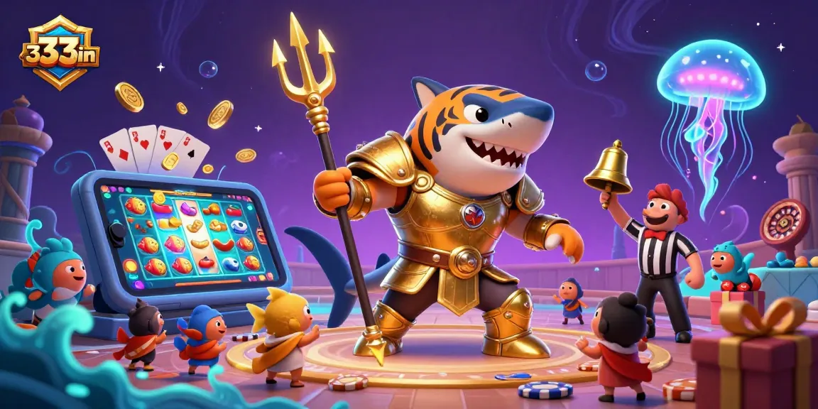 Engage with thrilling slot games at 33win featuring a shark in gladiator armor in a vibrant underwater scene.