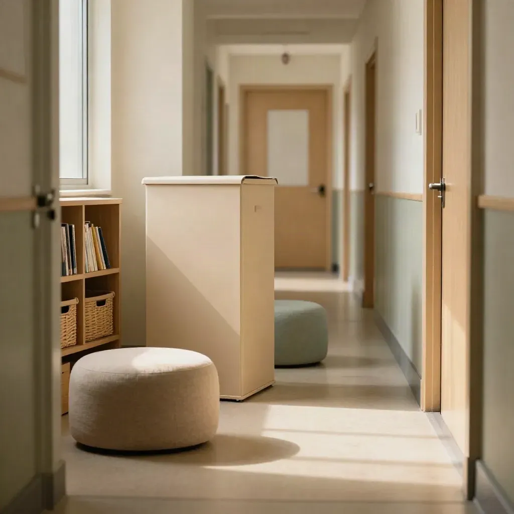 Tom elevhälsokorridor med sittpuffar, låg bokhylla och stängd resursbox i varmt ljus.
