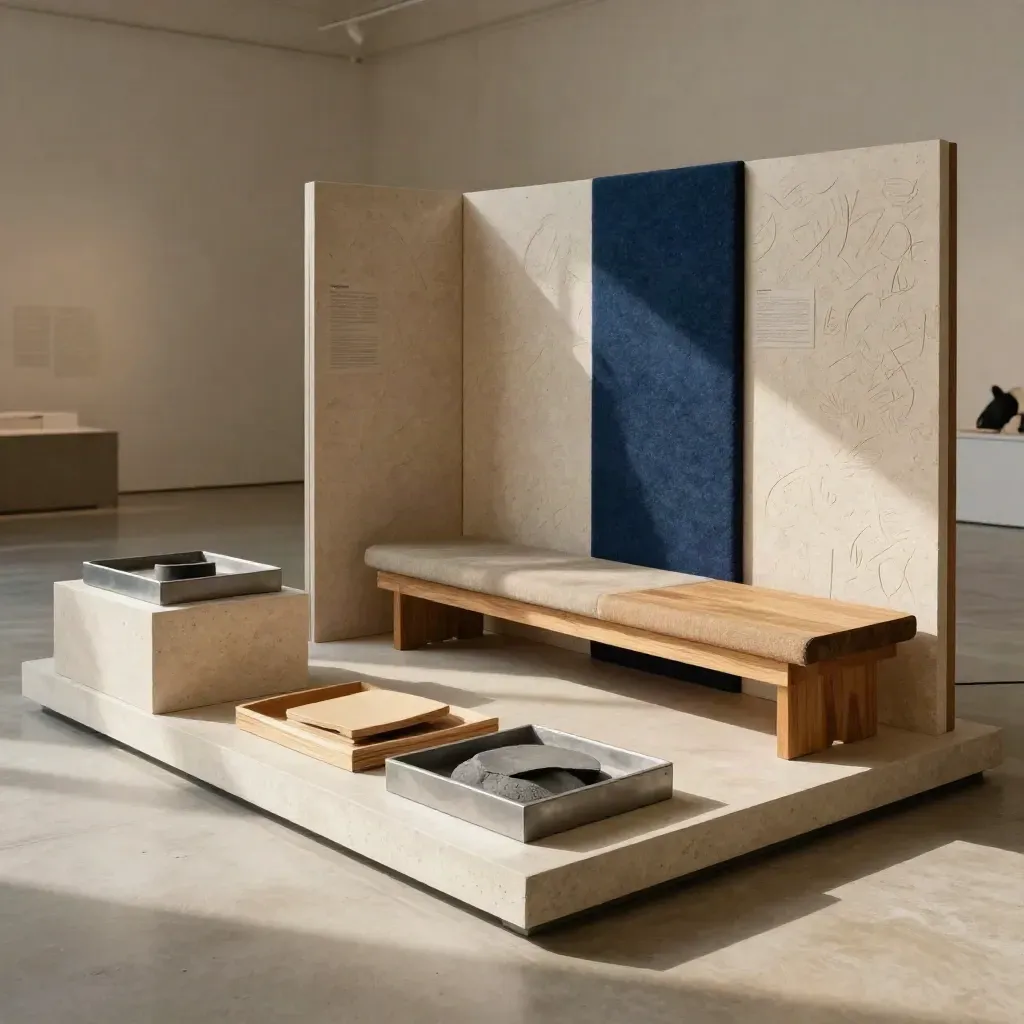 Museihörn med interaktiva plintar, modulär sittning, materialprover och taktil vägg i lugn galleribelysning.
