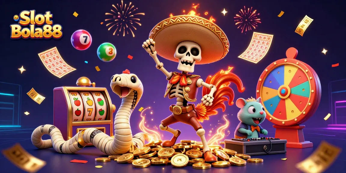 Celebrate big wins with Slot Bola88 in this vibrant, fun-filled casino illustration.