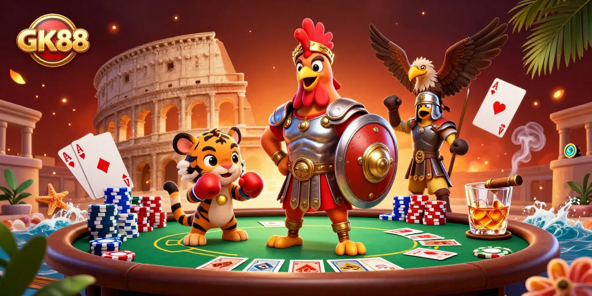 Experience thrilling GK88 poker adventures with a 3D cartoon rooster and tiger in a vibrant colosseum.