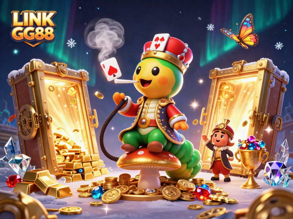 Engage with LINK GG88 in this vibrant 3D casino scene showcasing gaming elements and character interactions.