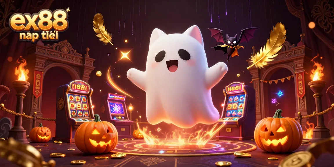 Engage with ex88 nạp tiền at a haunted casino with a friendly ghost cat and vibrant gameplay elements.