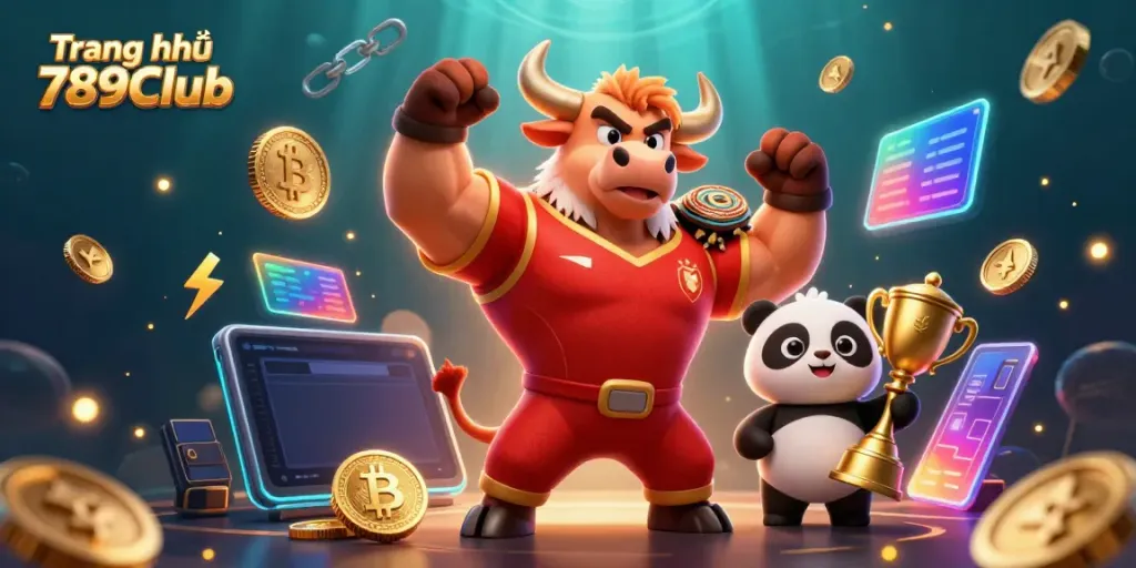 Engage with Trang chủ 789Club's thrilling gaming adventure featuring a cartoon bull and eagle amidst glowing crypto elements.