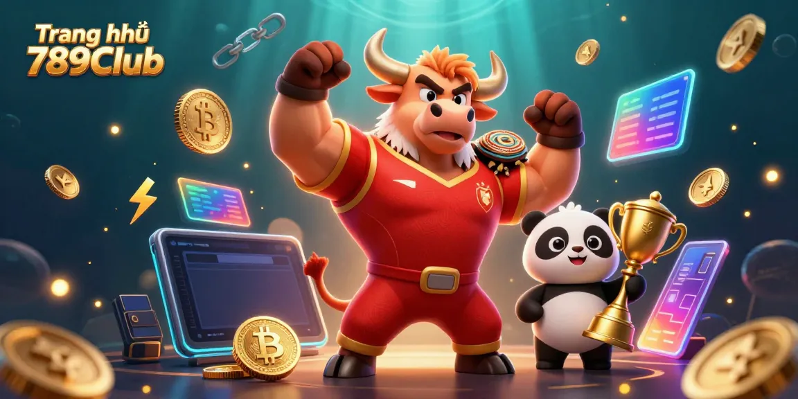 Engage with Trang chủ 789Club's thrilling gaming adventure featuring a cartoon bull and eagle amidst glowing crypto elements.
