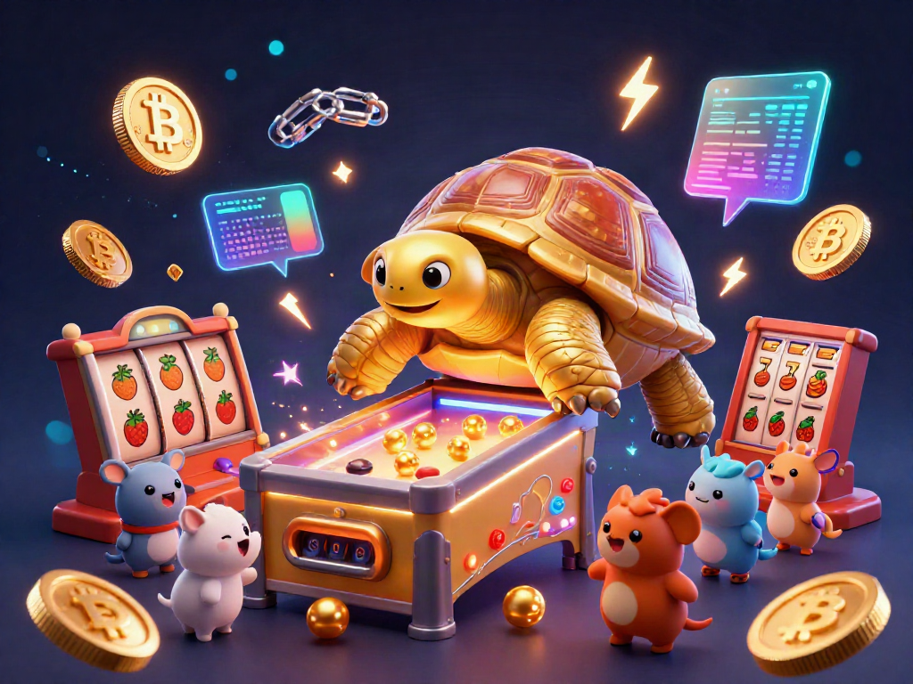 Engage with Gemwin's thrilling slots featuring a colossal tortoise pinball machine amid Bitcoin coins and jackpot elements.