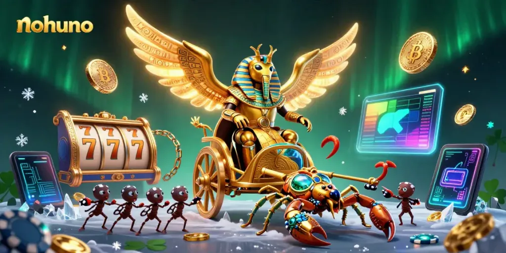 Engage in exciting gaming at nohuno with colossal scarab and dynamic elements illustrating slots and cryptocurrency.