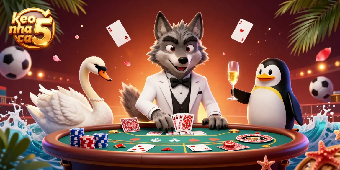 Engage with keo nha cai 5 as a debonair wolf and friends at a dynamic casino table.