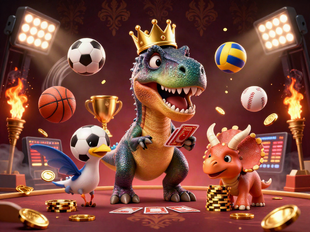 Experience betting uden dansk licens with a T-Rex shuffling cards and a pterodactyl assistant in a vibrant casino setting.