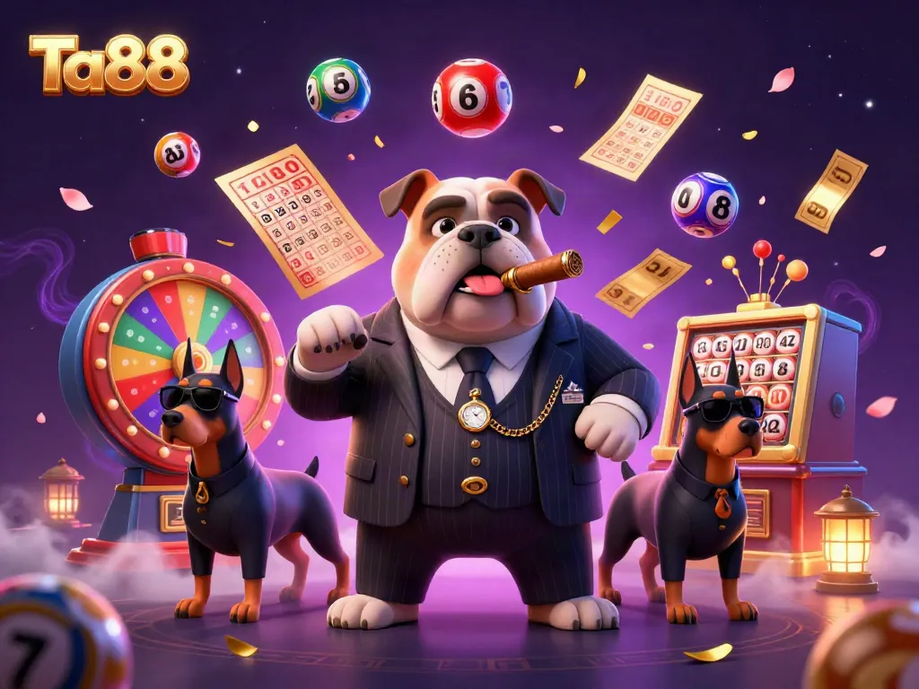 Experience exciting gaming with Ta88, showcasing a mafia boss bulldog and dynamic lottery elements.