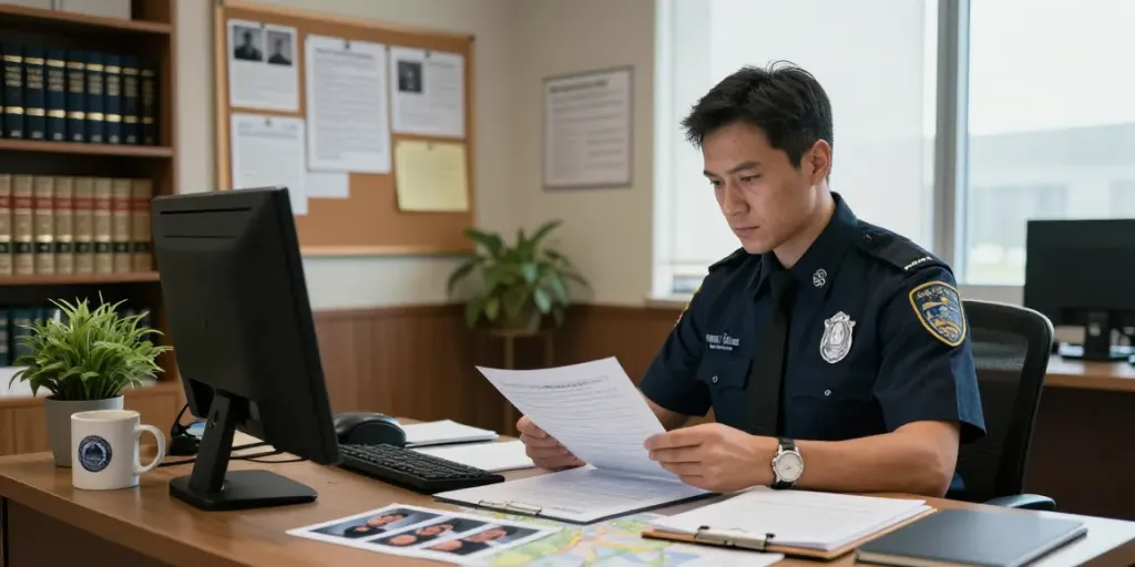 goodtam private investigator reviewing case files in a professional office setting