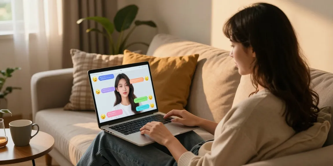 Enjoying a chat with a realistic girlfriend AI on a laptop in a cozy living room.