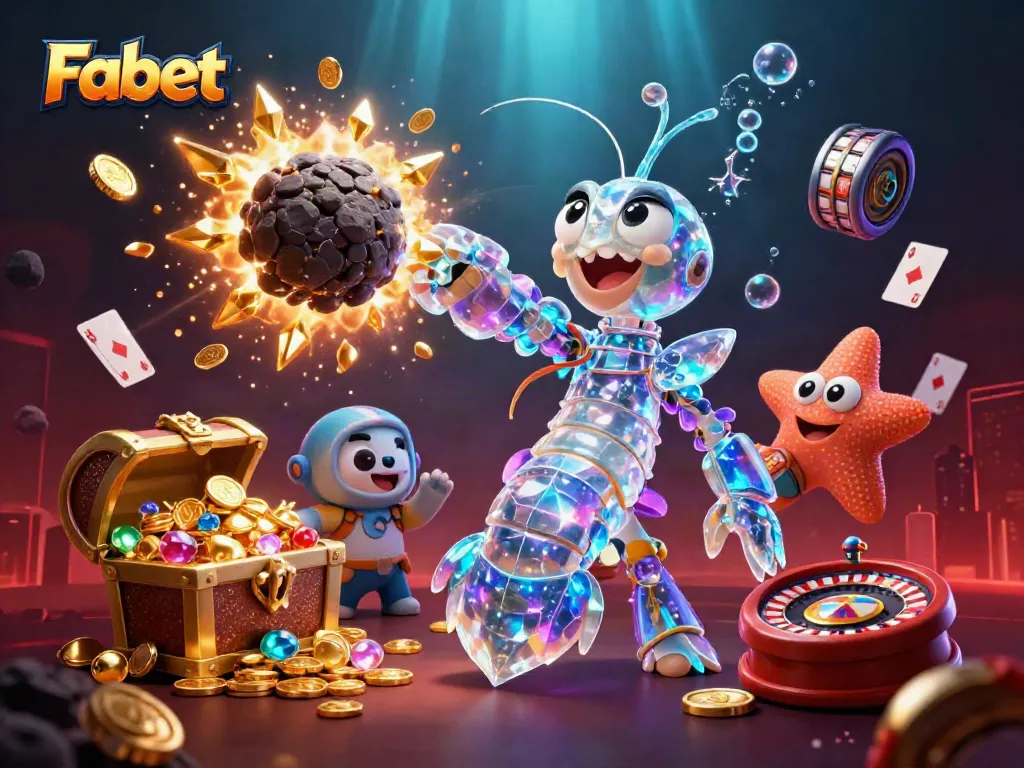 Fabet's thrilling casino atmosphere illustrated with vibrant characters, coins, and games.