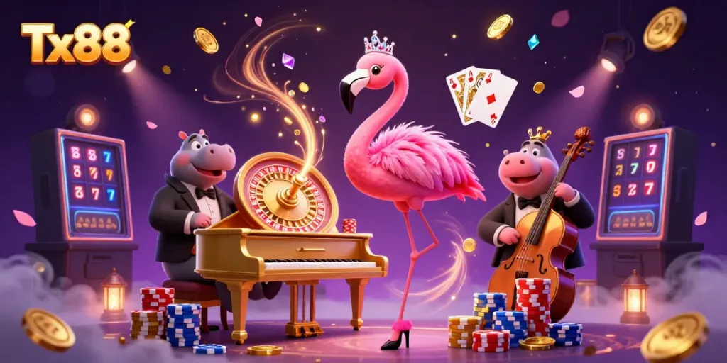 Experience the vibrant world of Tx88 casino, featuring cartoon characters and dynamic gaming elements.