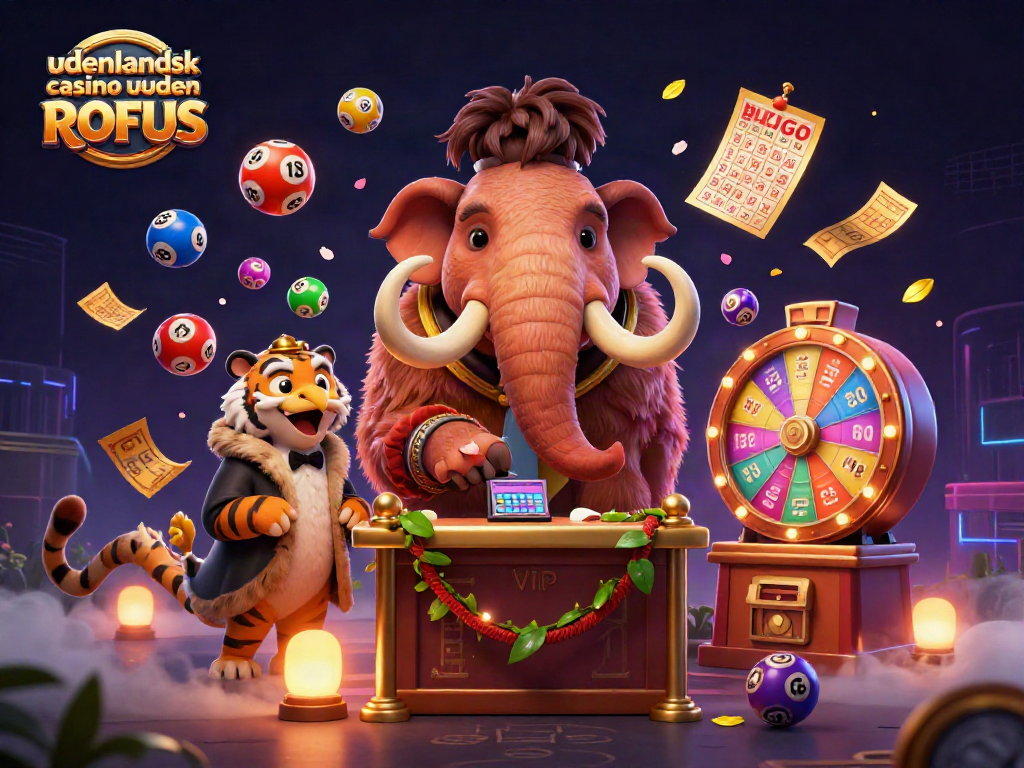 Experience the thrill at udenlandsk casino uden ROFUS with a whimsical casino scene featuring vibrant characters and game elements.