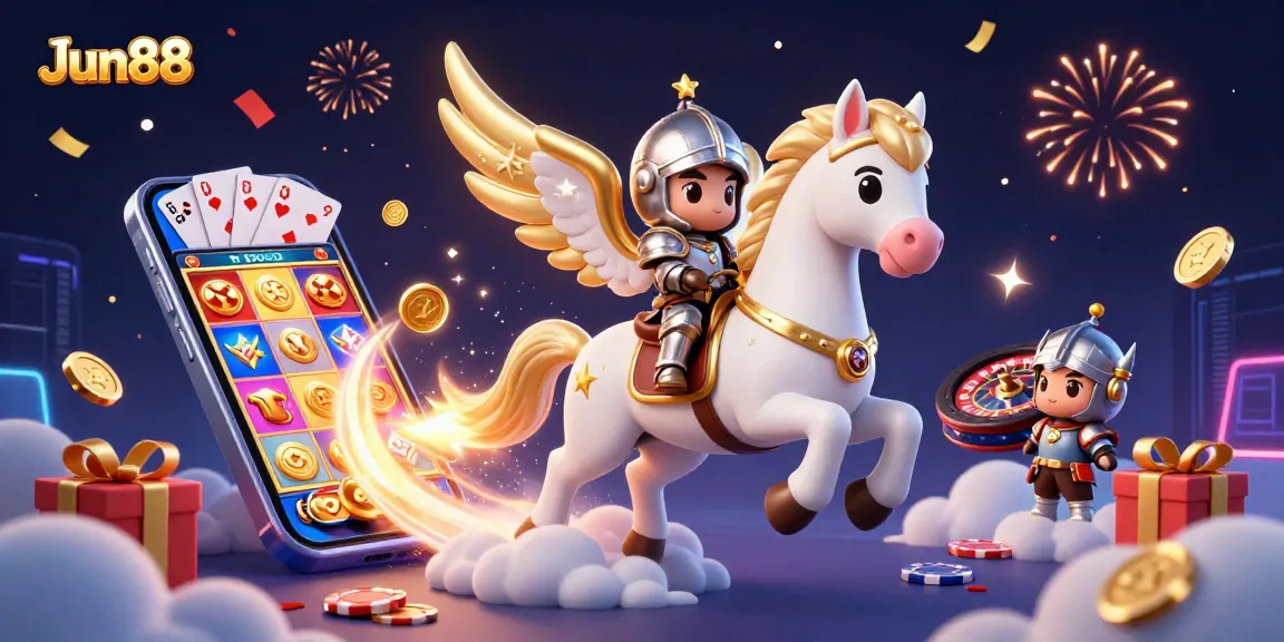 Engage in thrilling gambling at Jun88, showcasing an epic scene with a celestial horse and vibrant gaming elements.